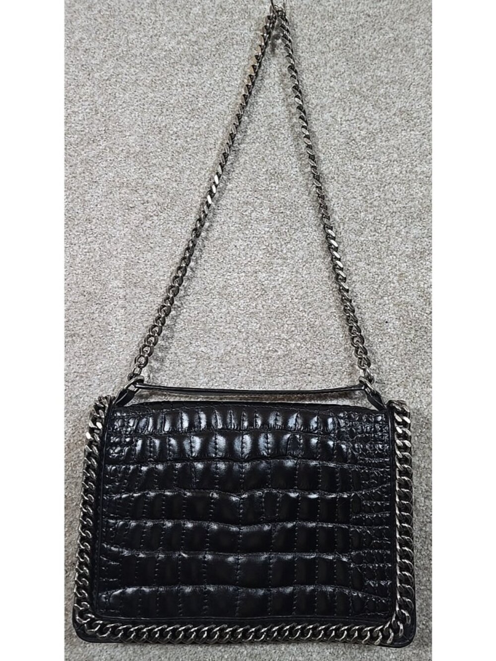 Zara Women Leather Shoulder Bag Purse Heavy Chain Strap Crocodile Texture Rock
